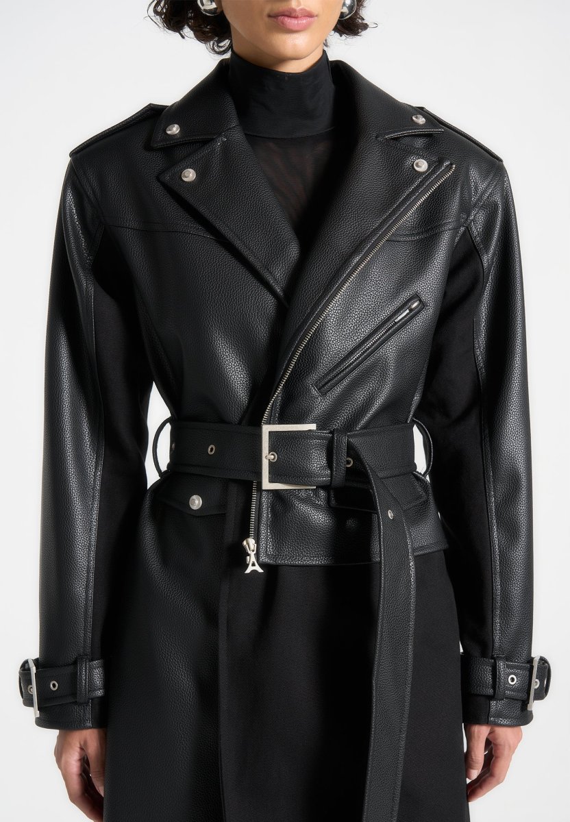 Ayleen - Leather Biker Trench Coat - Black - Image 3