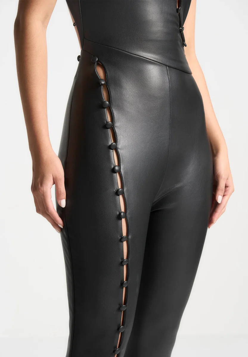 Leather Cut Out Button Detail Jumpsuit - Black - Image 5