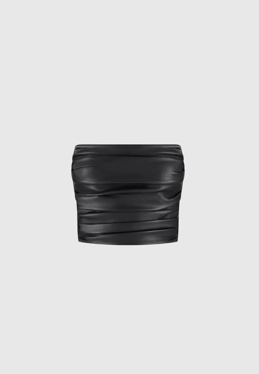 Pleated Bandeau Leather Corset Top - Black - Image 6