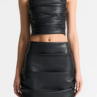 Pleated Bandeau Leather Corset Top - Black