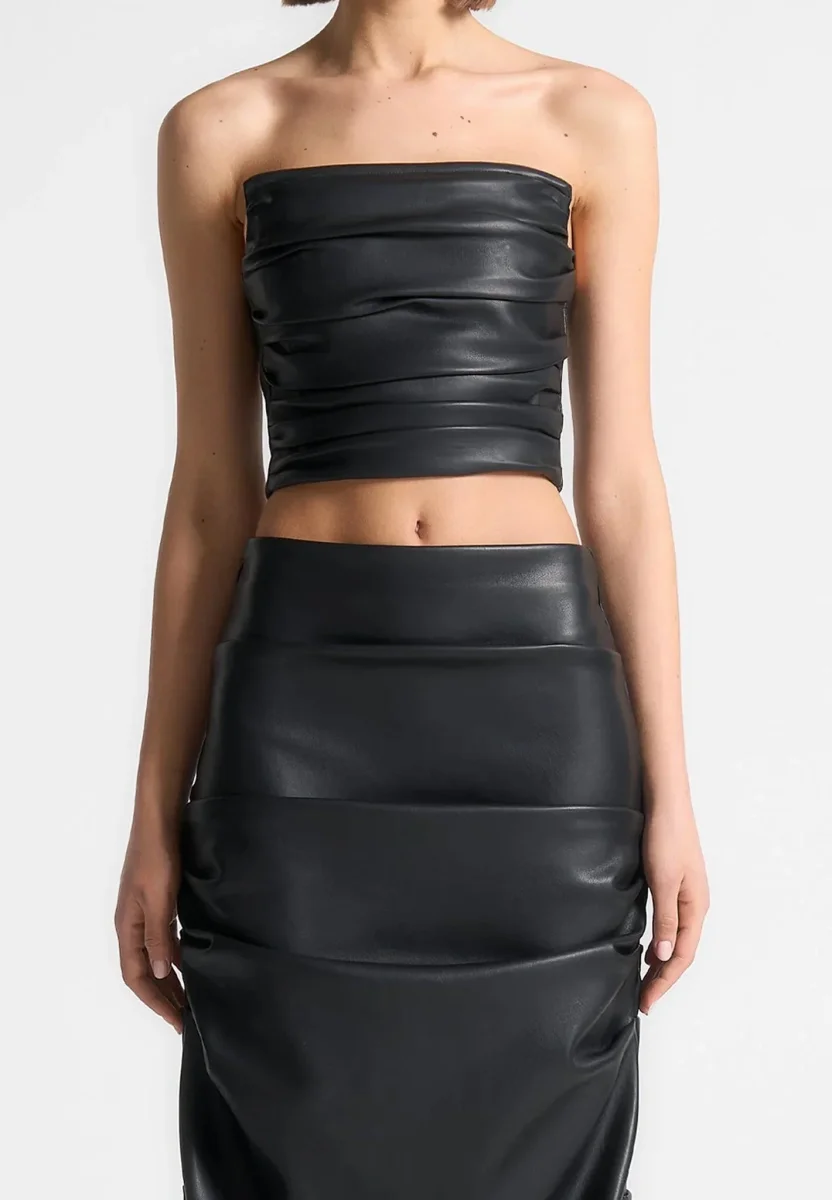 Pleated Bandeau Leather Corset Top - Black