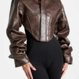 Solange - Vintage Leather Tacked Sleeve Corset Jacket - Brown
