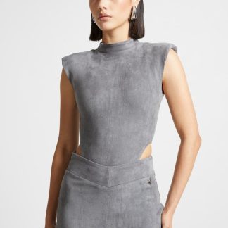 Suede Wide Shoulder High Leg Bodysuit - Light Grey