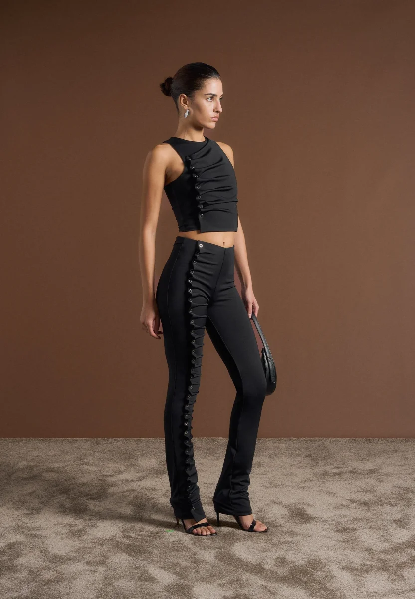 Eyelet Detail Tacked Racer Top - Black - Image 7