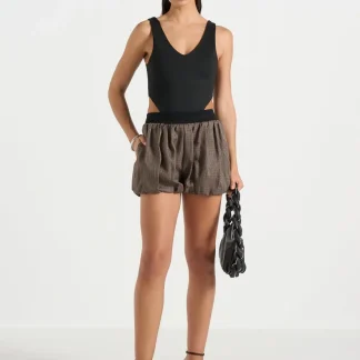 Zoe - Houndstooth Balloon Shorts - Brown