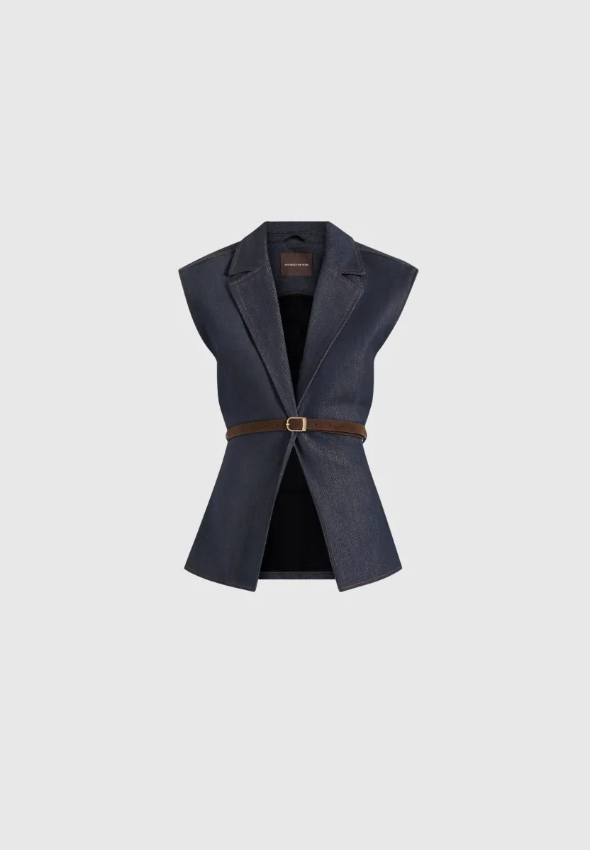 Linda - Wide Shoulder Cinched Denim Waistcoat - Indigo - Image 6