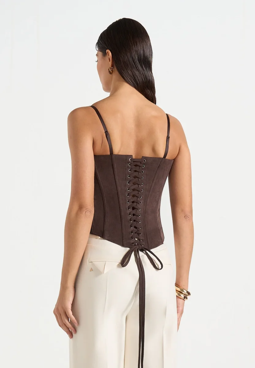 Scarlett - Suede Lace Up Corset - Brown - Image 7