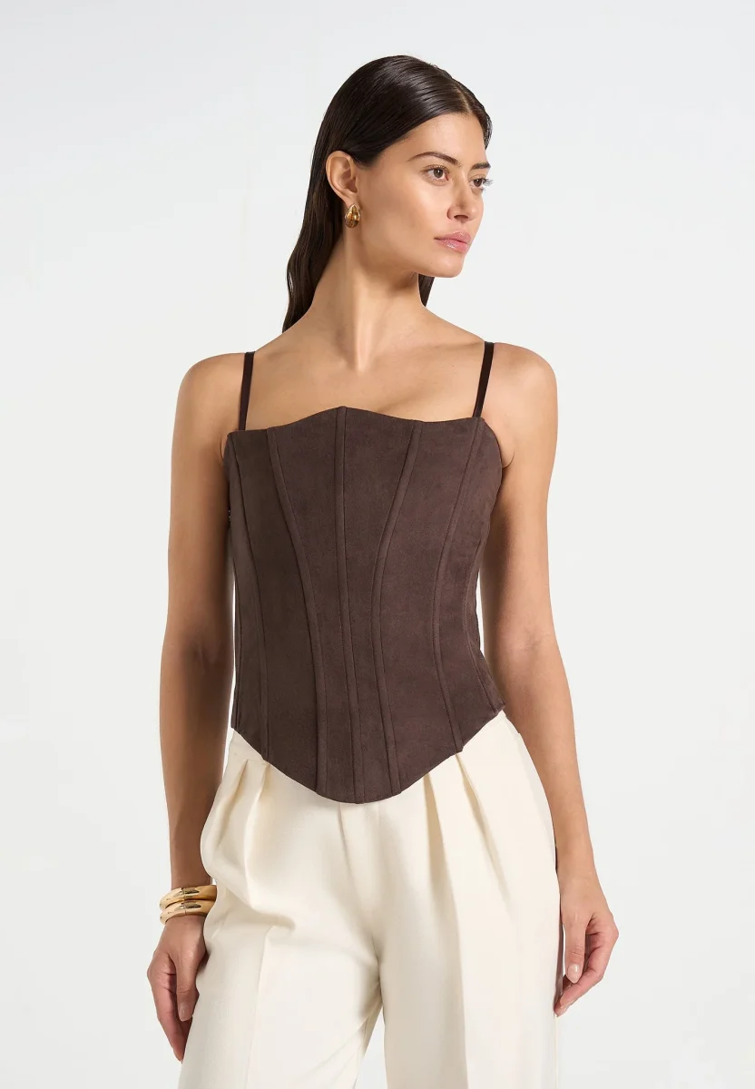 Scarlett - Suede Lace Up Corset - Brown - Image 9