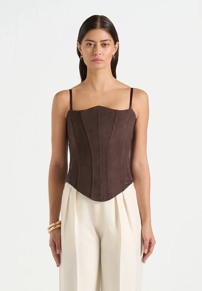 Scarlett - Suede Lace Up Corset - Brown - Image 3