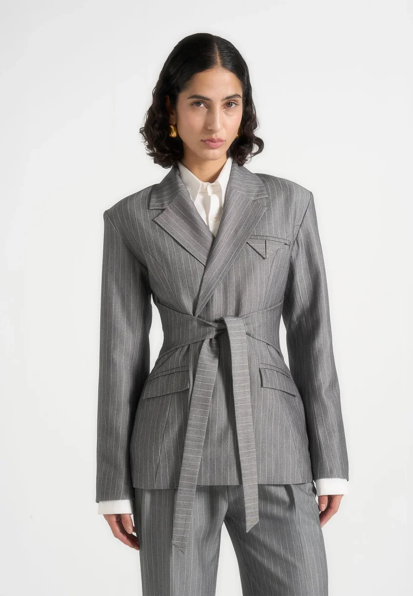 Delphine - Pinstripe Wrap Tie Blazer - Grey