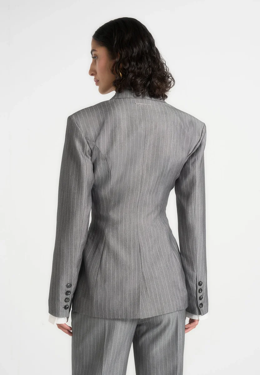 Delphine - Pinstripe Wrap Tie Blazer - Grey - Image 4