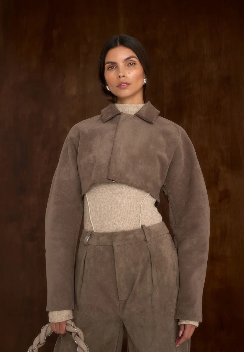 Elya - Suede Super Cropped Jacket - Taupe - Image 7