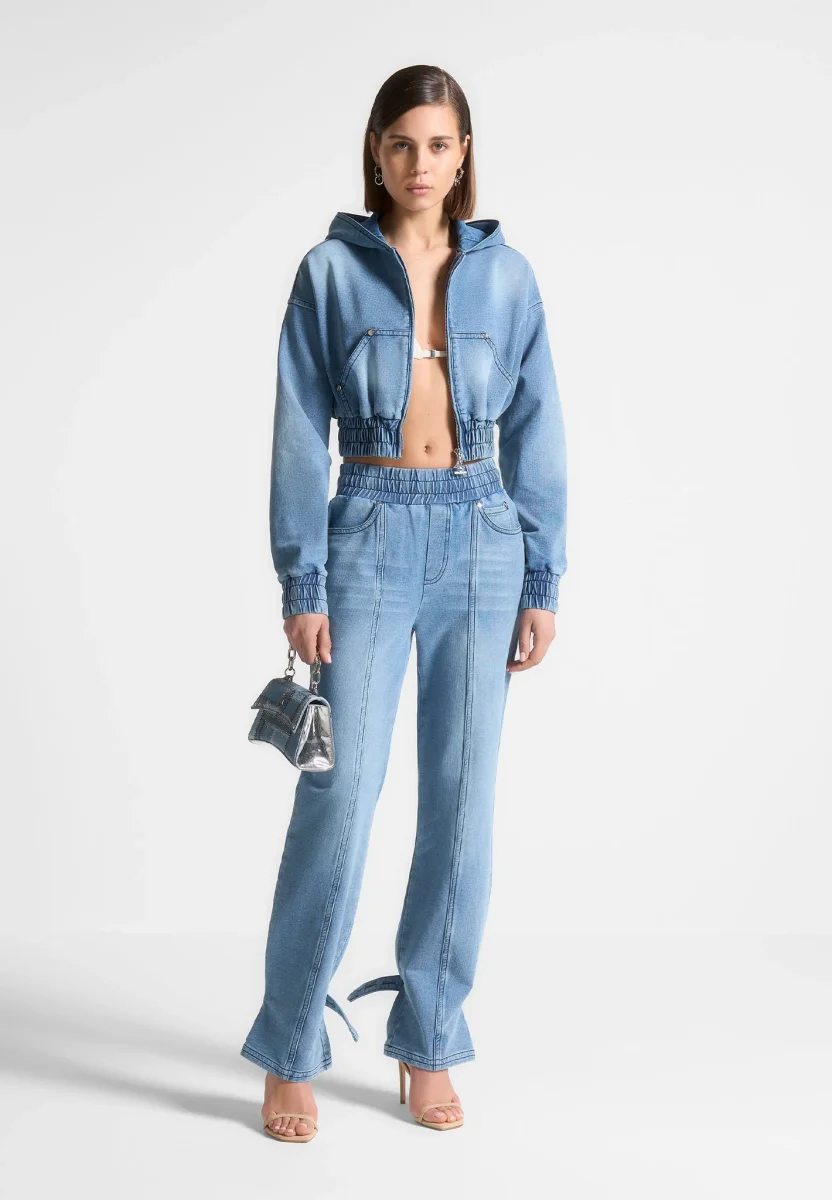 Washed Denim Jersey Hoodie - Mid Blue - Image 3