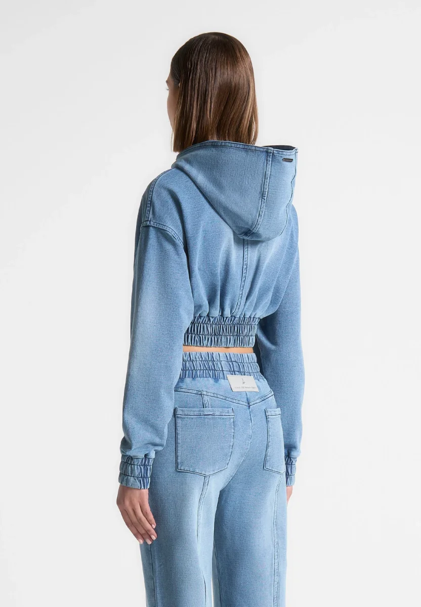 Washed Denim Jersey Hoodie - Mid Blue - Image 4