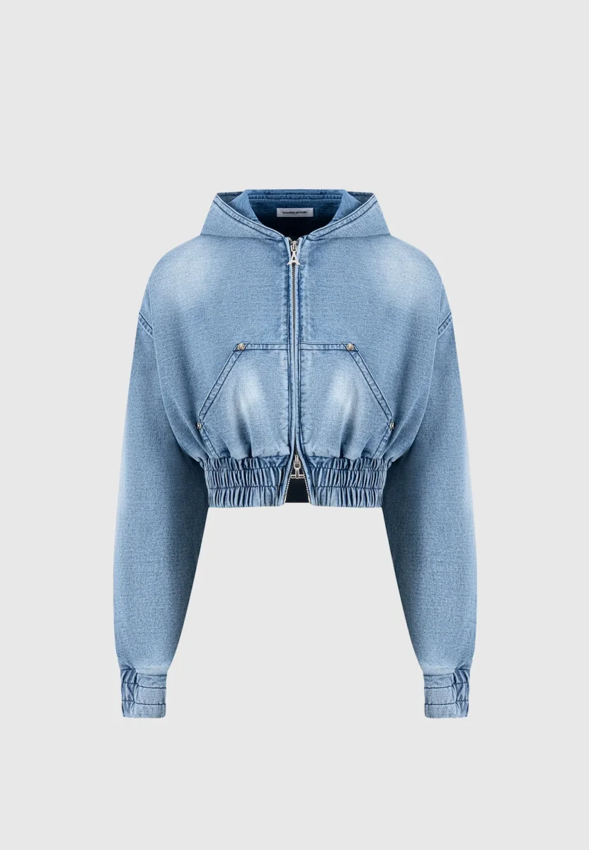 Washed Denim Jersey Hoodie - Mid Blue - Image 5