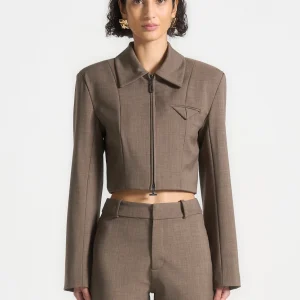 Adina - Wide Shoulder Tailored Jacket - Dark Taupe