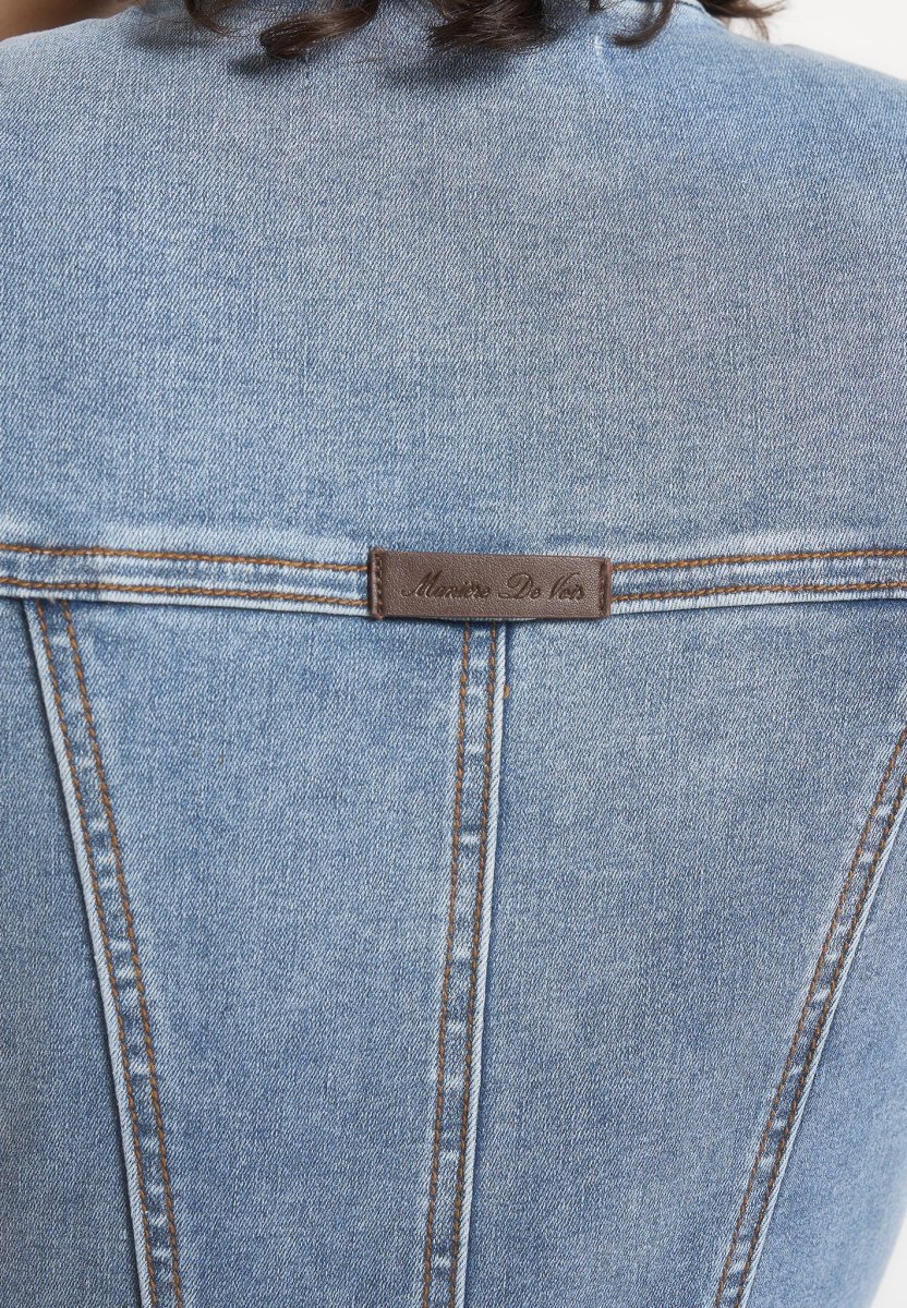 Annette - Seam Detail Fit & Flare Denim Jumpsuit - Mid Blue - Image 6