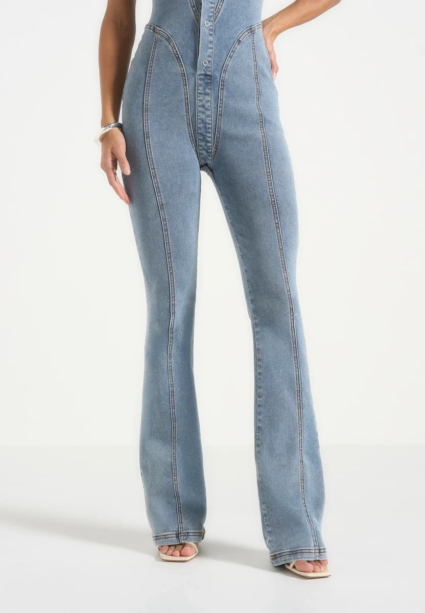 Annette - Seam Detail Fit & Flare Denim Jumpsuit - Mid Blue - Image 5