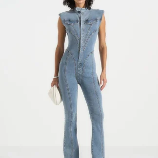 Annette - Seam Detail Fit & Flare Denim Jumpsuit - Mid Blue