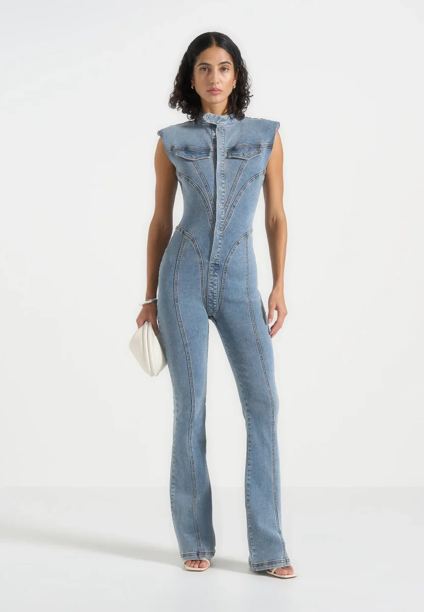 Annette - Seam Detail Fit & Flare Denim Jumpsuit - Mid Blue - Image 2