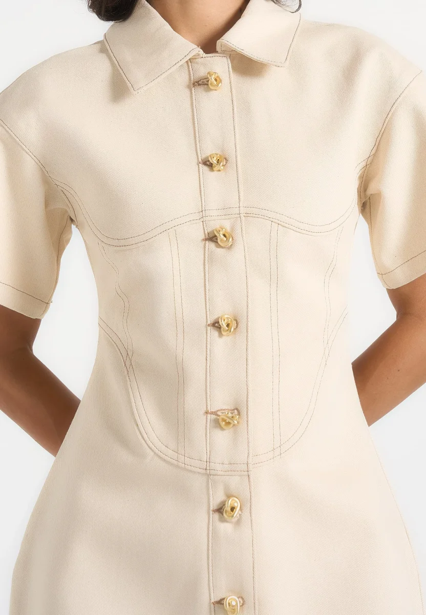 Mathilde - Denim Corset Contrast Stitch Dress - Cream - Image 3