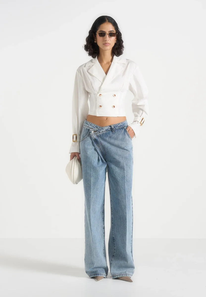 Andrea - Cropped Double-Breasted Open Back Tie Shirt - White - Image 4