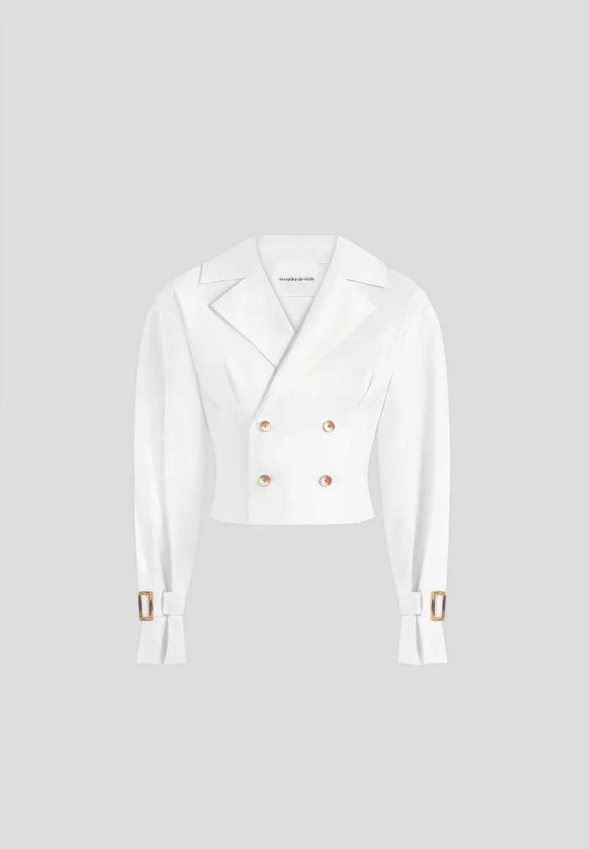 Andrea - Cropped Double-Breasted Open Back Tie Shirt - White - Image 6