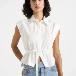 Malia - Sleeveless Tie Waist Cropped Shirt - White