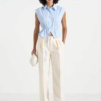 Malia - Sleeveless Tie Waist Cropped Shirt - Pale Blue