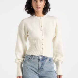 Mayla - Knitted Cinch Waist Cardigan - Cream