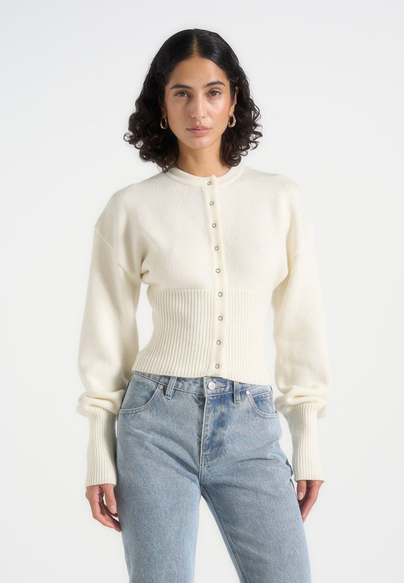Mayla - Knitted Cinch Waist Cardigan - Cream - Image 2