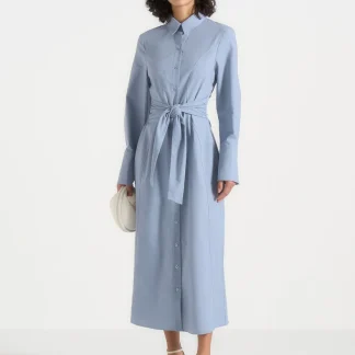 Fern - Linen Midi Shirt Dress With Tie Waist - Blue