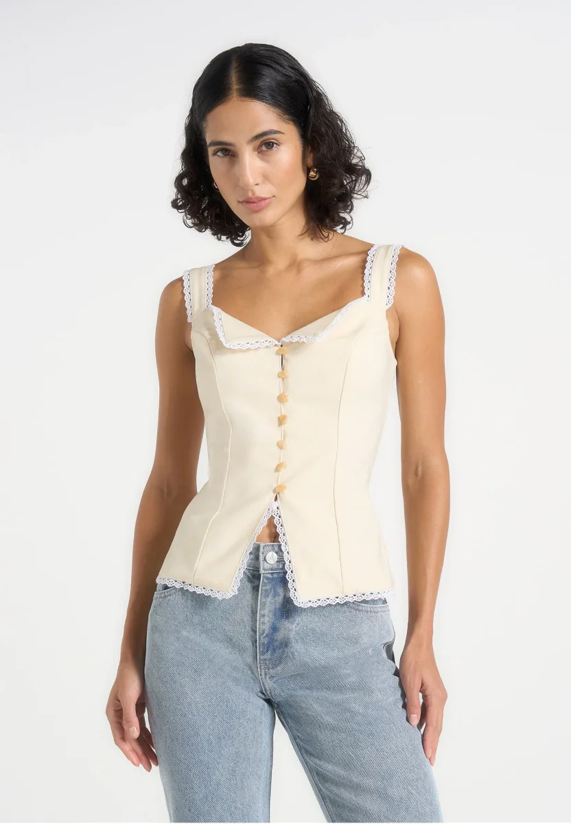 Delia - Linen Lace Trim Corset Cami Top - Pale Yellow - Image 2