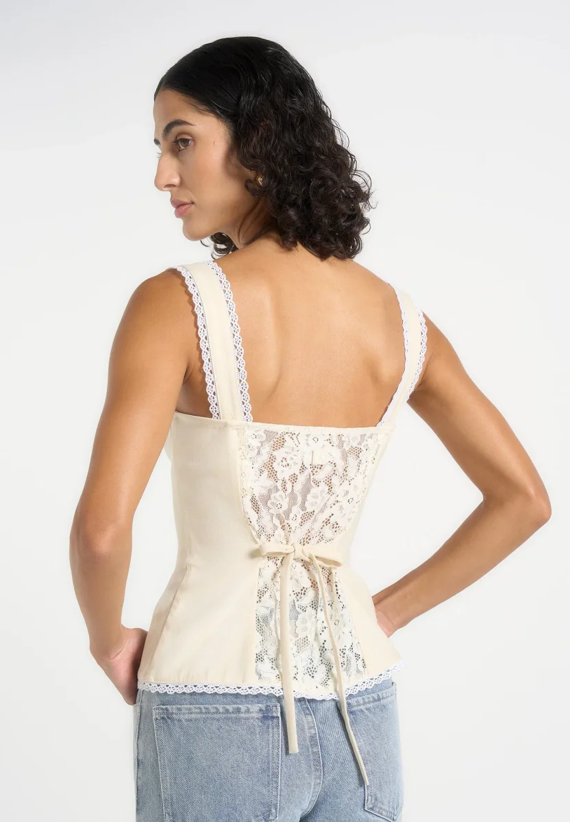 Delia - Linen Lace Trim Corset Cami Top - Pale Yellow - Image 3