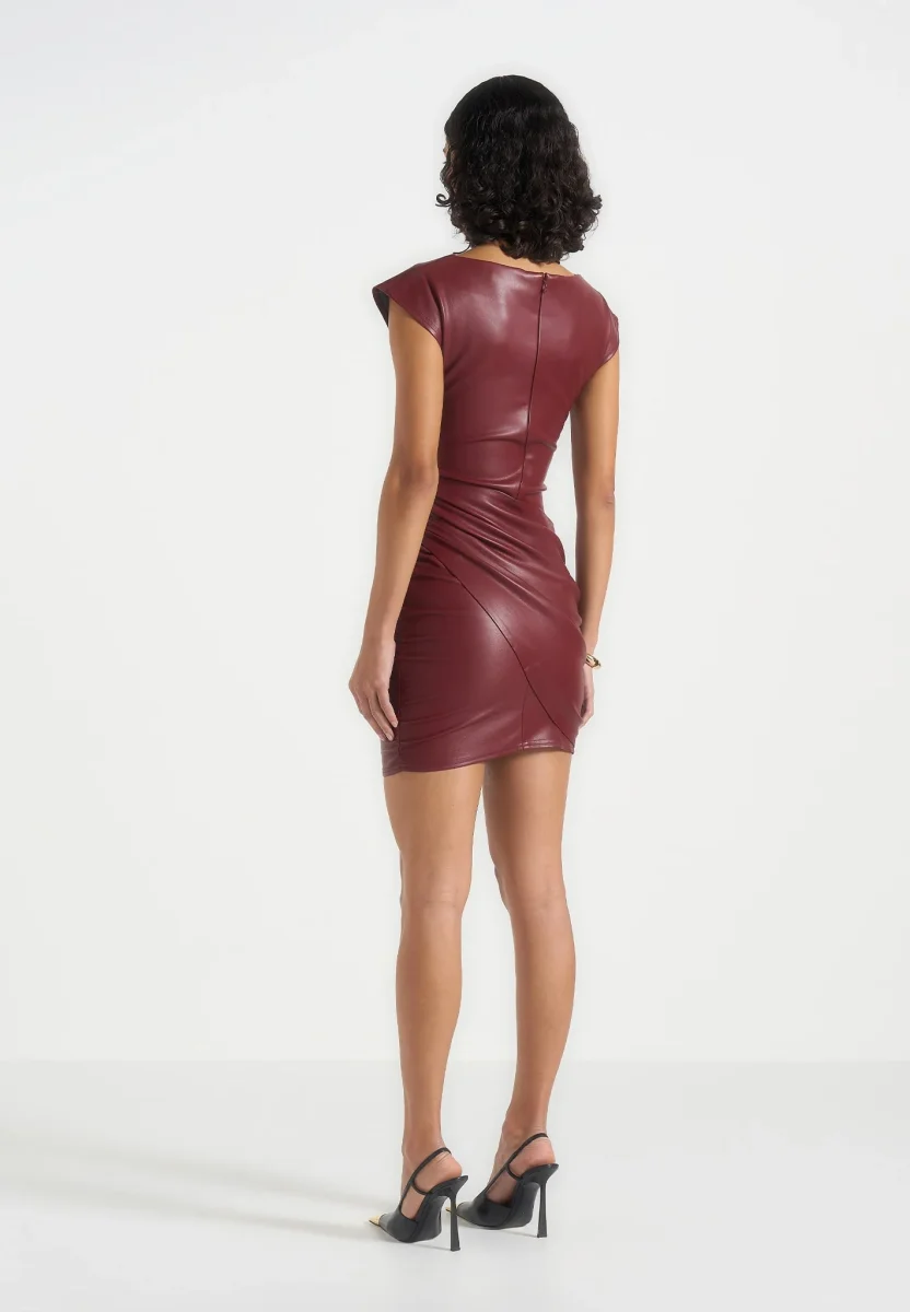 Tina - Leather Boat Neck Ruched Dress - Wine Red - Image 5