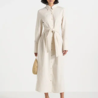 Fern - Linen Midi Shirt Dress With Tie Waist - Natural
