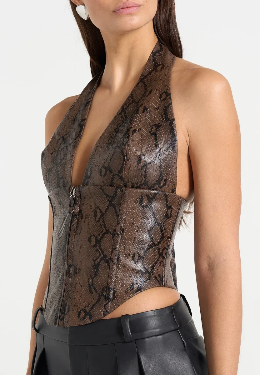 Sloane - Python Halterneck Corset Top - Brown - Image 6