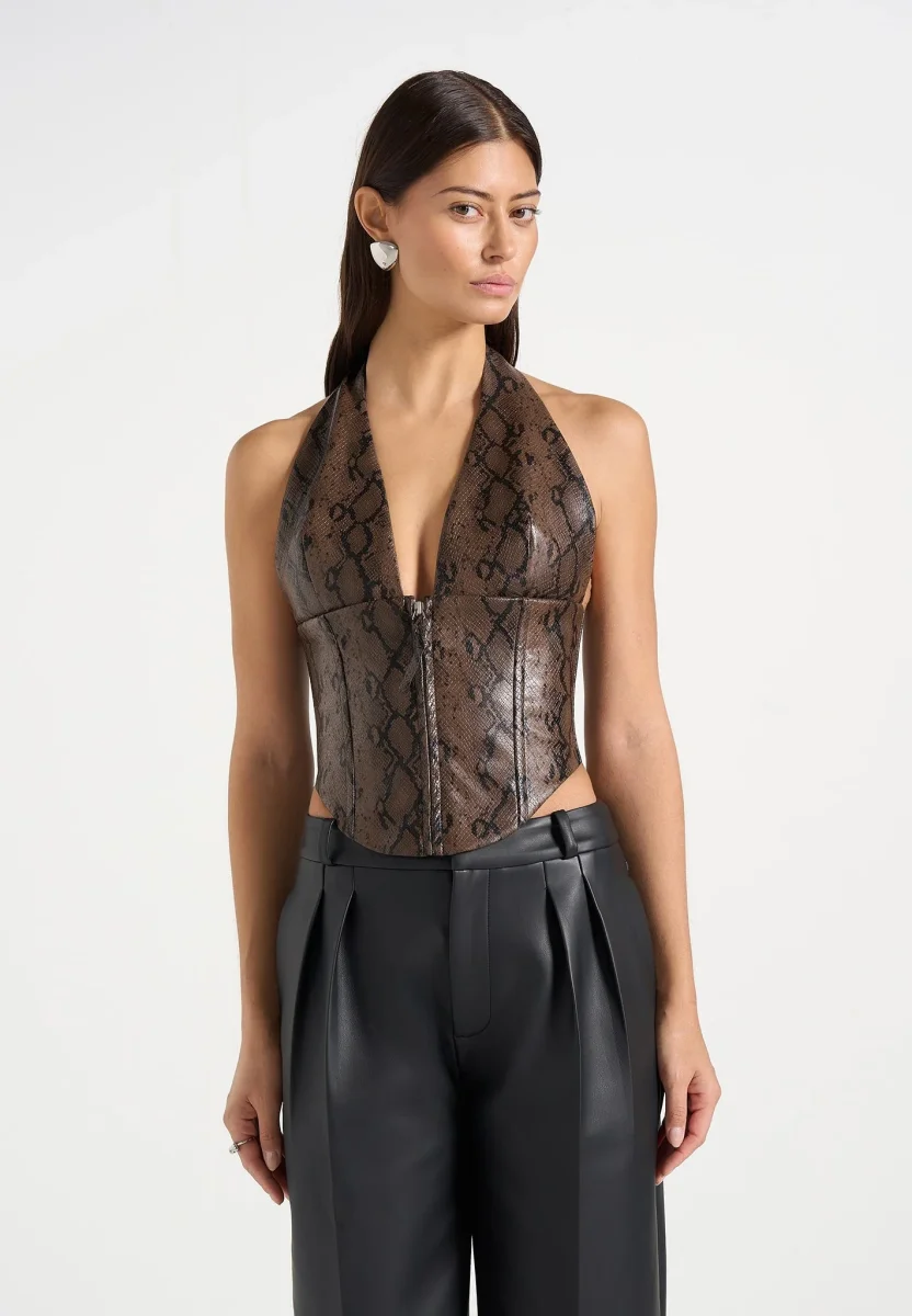 Sloane - Python Halterneck Corset Top - Brown