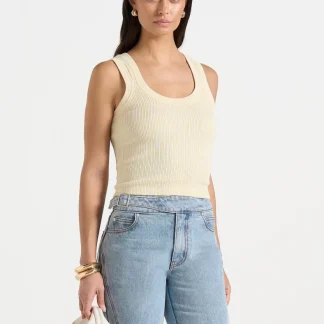 VS001 - Scoop Neck Ribbed Cotton Tank Top - Pale Yellow