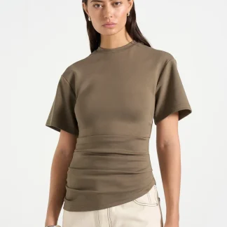 Pauline - Ruched Asymmetric Cotton T-Shirt - Olive