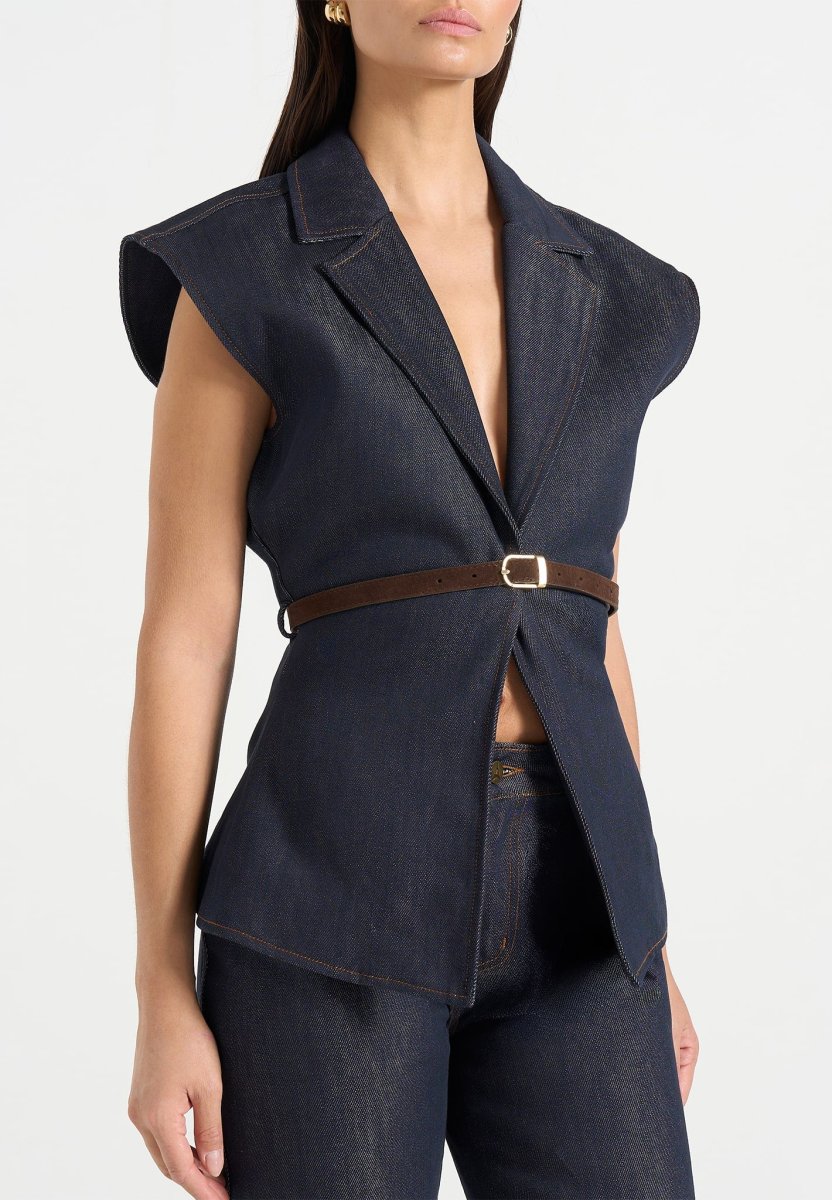 Linda - Wide Shoulder Cinched Denim Waistcoat - Indigo - Image 4