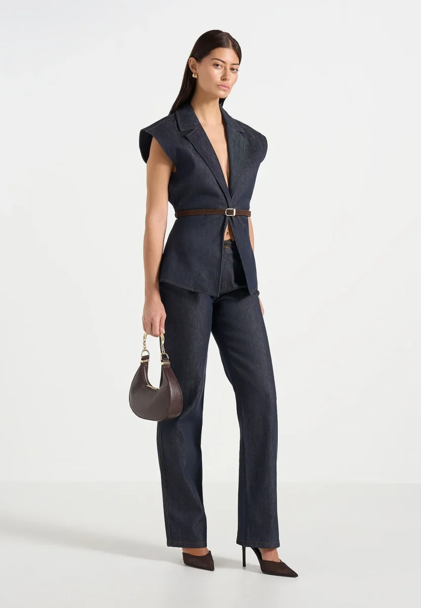 Linda - Wide Shoulder Cinched Denim Waistcoat - Indigo - Image 3