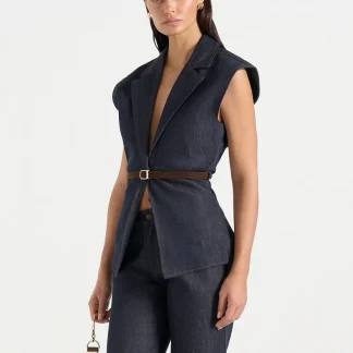 Linda - Wide Shoulder Cinched Denim Waistcoat - Indigo