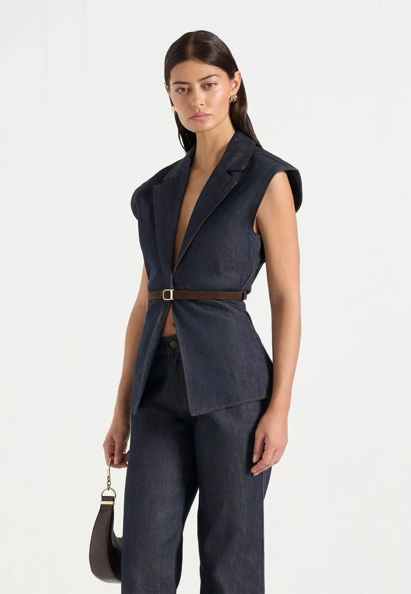 Linda - Wide Shoulder Cinched Denim Waistcoat - Indigo - Image 2