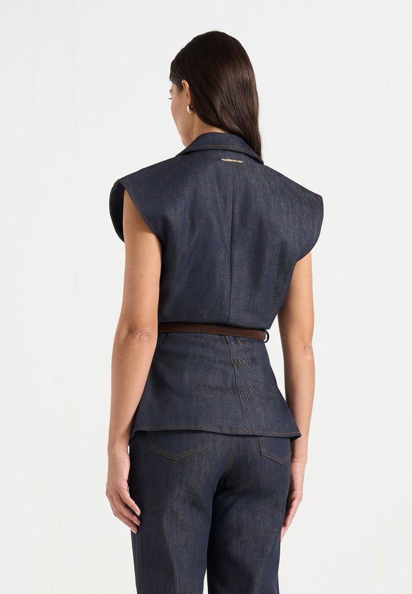 Linda - Wide Shoulder Cinched Denim Waistcoat - Indigo - Image 5