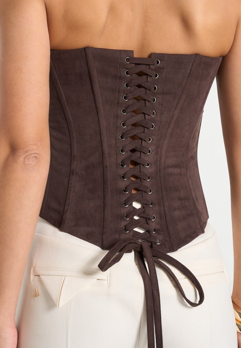 Scarlett - Suede Lace Up Corset - Brown - Image 8