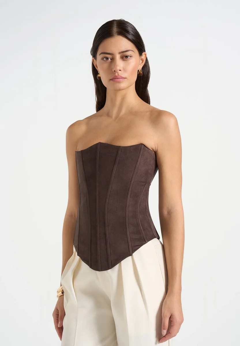 Scarlett - Suede Lace Up Corset - Brown