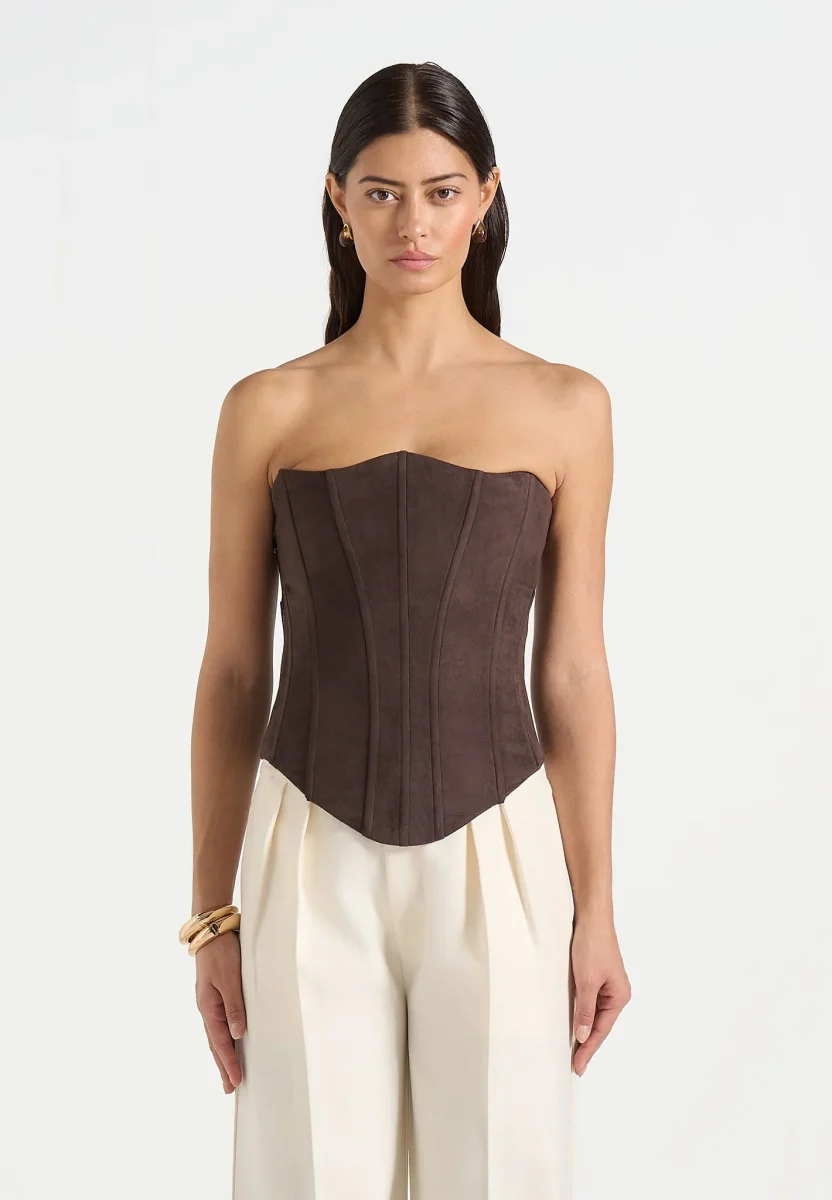 Scarlett - Suede Lace Up Corset - Brown - Image 4