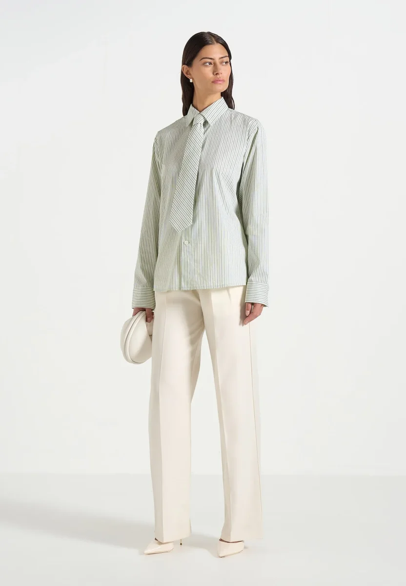 Dylan - Unisex Pinstripe Long Sleeve Shirt With Detachable Tie - Sage - Image 2