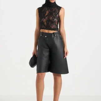 Hazel - Leather Wrapover Bermuda Shorts - Black